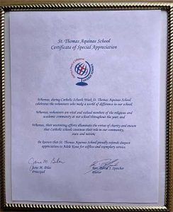 St. Thomas Aquinas School certificate of appreciation to Adele Kone.